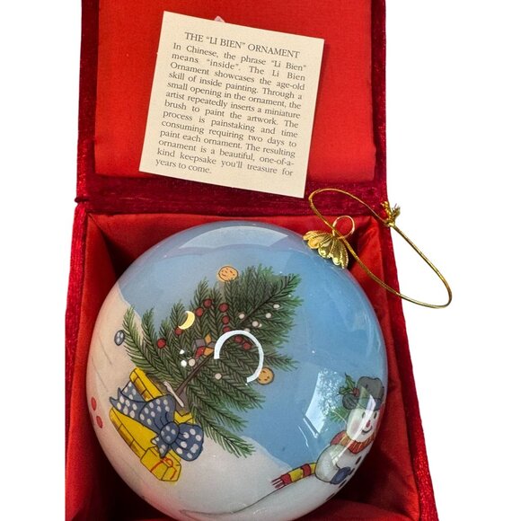 "Li Bien" Glass Ornament With Snowman & Children Design In Red Box - Picture 1 of 5
